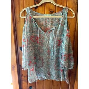 Maurices Paisley Cold Shoulder Blouse Tie Neck Flowy Top‎ Teal Red size  L